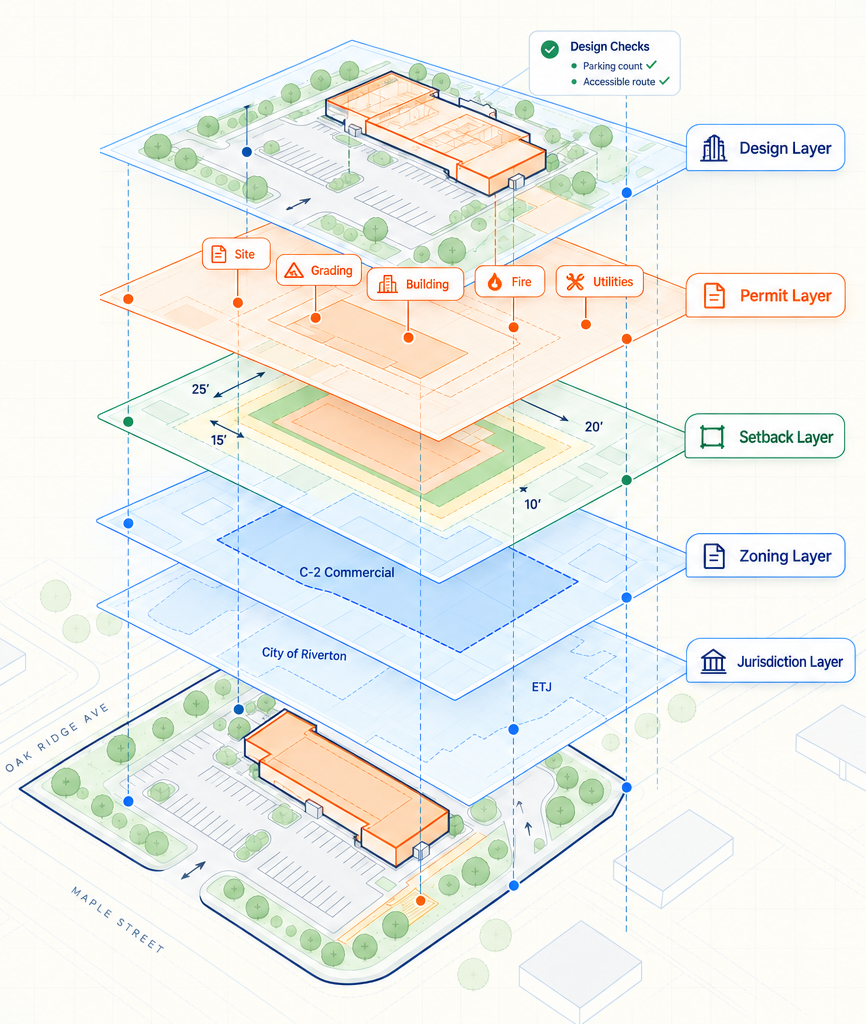 Layered digital site model combining jurisdiction, zoning, setback, permit and design information into one project view